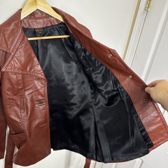 Vintage Opera 70s Woman 13/14 (S) Brown Leather Jacket Belted - Picture 6 of 8